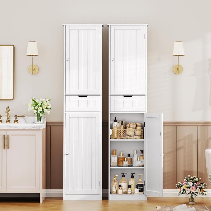 Iwell 67" Tall Bathroom Cabinet, Storage Cabinet with 2 Doors & 1 Drawer, Bathroom Storage Cabinets with Adjustable Shelves, for Living Room, Entryway, Home Office, White - Image 2