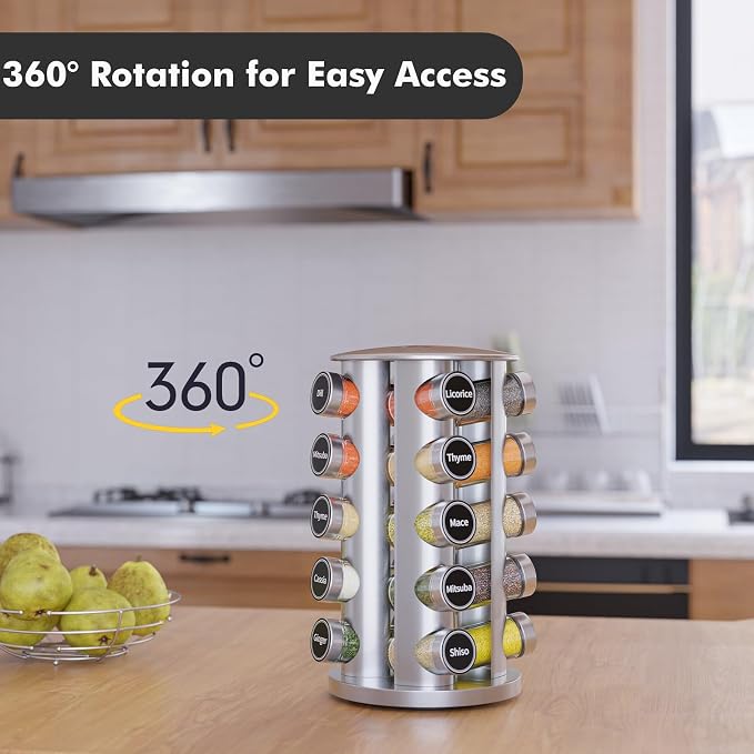 Revolving Spice Rack Set with 20 Spice Jars, Kitchen Spice Tower Organizer for Countertop or Cabinet - Carousel Storage Includes 386 Spice Labels (Silver) - Image 3