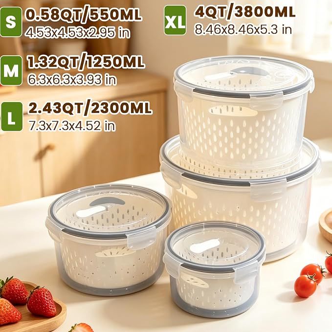 TBMax 8 Pieces Airtight Fruit Storage Containers for Fridge with Air Circulation Vent, 4 Pack Round Produce Saver with Colander for Berry Lettuce Salad Vegetable Storage, Refrigerator Organizers - Image 3