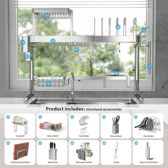 Upgrade 3 Tier Over Sink Dish Drying Rack Adjustable Width | 304 Stainless Steel with Pots and Pans Rack, Modern Large Expandable Kitchen Storage Counter Organizer - Image 5