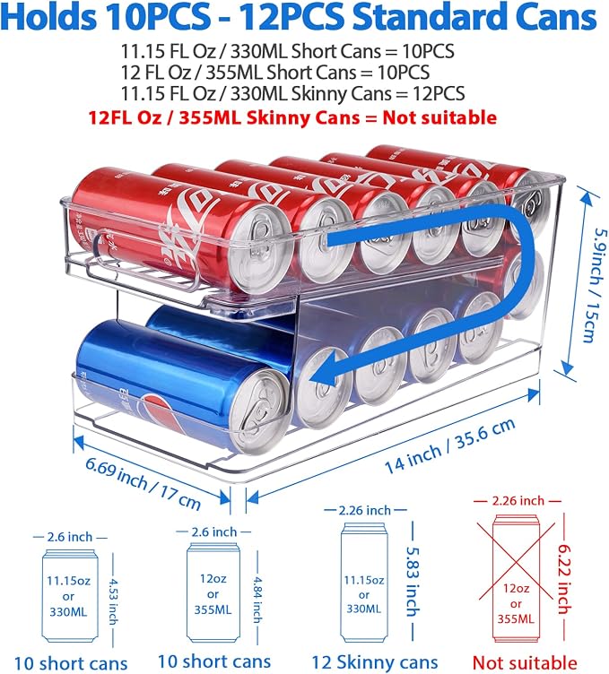 Rolling Soda Can Organizer for Refrigerator Can Dispenser for Beer Soda Seltzer Pop Can Soda Organizer for 10 Standard Size 11.15oz or 12oz Cans Holder Storage Pantry Organization - Image 3