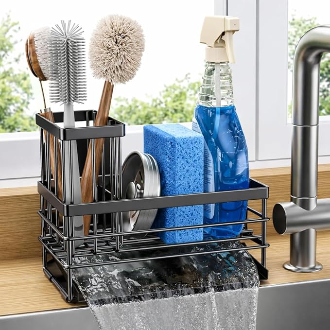 Cisily Sink Caddy Sponge Holder for Kitchen with Brush Holder and Stainless Steel Self Drain Tray, Rustproof Kitchen Sink Organizer for Sponge, Soap Dispenser Storage Accessories by CISILYHOMELIFE