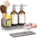 Kitchen Soap Dispenser Set with Drying Tray – 16oz Glass Bottles with Stainless Steel Pumps, Sink Organizer Caddy with Brush Holder & Non-Slip Feet – All-in-One Dish & Hand Soap Station by ORCHID+HOME