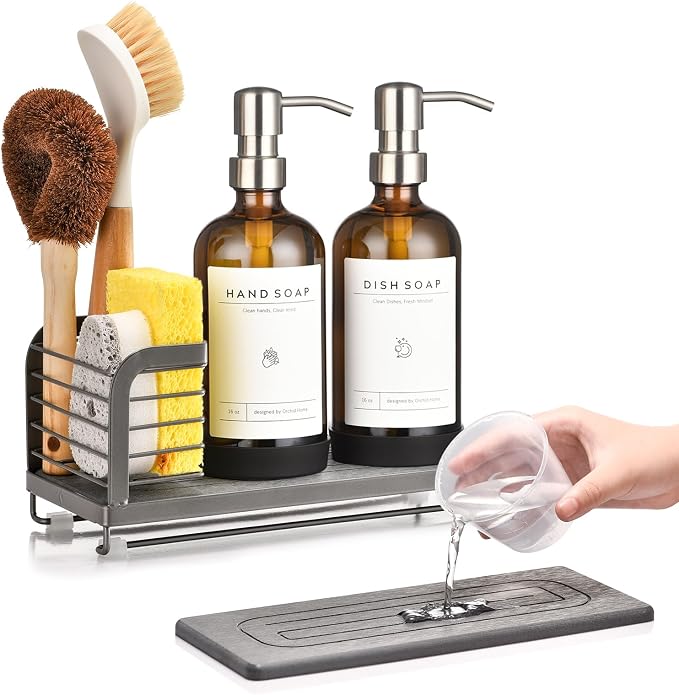 Kitchen Soap Dispenser Set with Drying Tray – 16oz Glass Bottles with Stainless Steel Pumps, Sink Organizer Caddy with Brush Holder & Non-Slip Feet – All-in-One Dish & Hand Soap Station by ORCHID+HOME
