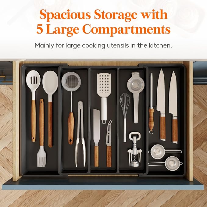 Lifewit Utensil Organizer for Kitchen Drawers, Expandable Utensil Tray | Adjustable Cooking Cutlery Silverware Flatware Holder, Plastic Spatula Tools Storage Divider, 16- 28 x 18.5", Black - Image 4