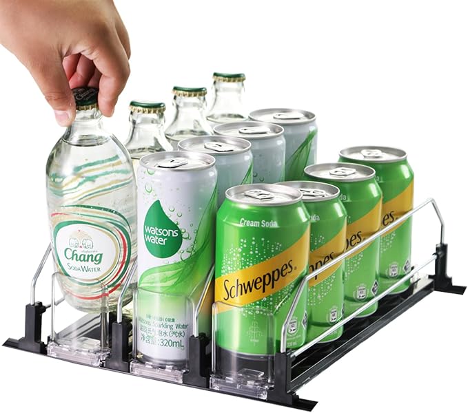 Soda organizer for Fridge, Automatic Push Drink Organizer for Refrigerator - Adjustable Width (Holds 15 Cans), Durable Beer & Drink Dispenser with Self-Pushing Glide System, Black - Image 4