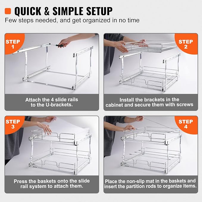 VEVOR 2 Tier 17"Wx21.2"Dx15.2"H Pull Out Cabinet Organizer, Heavy Duty Slide Out Pantry Shelves, Steel Roll Out Drawers, Sliding Drawer Storage for Home, 18.5"Wx22.5"Dx19"H Install Size for Cabinet - Image 5