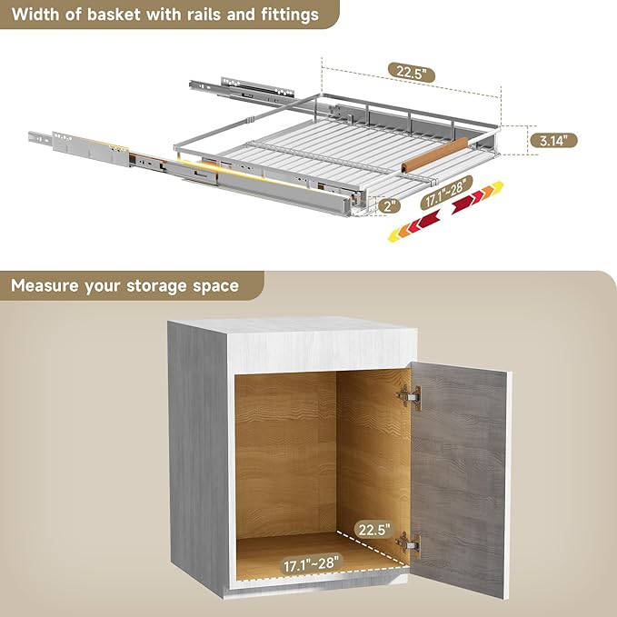 17.1~28"x22.5" Pull Out Cabinet Organizer，1Pack Expandable Sliding Cabinet Shelves，Side Mounting - Image 2