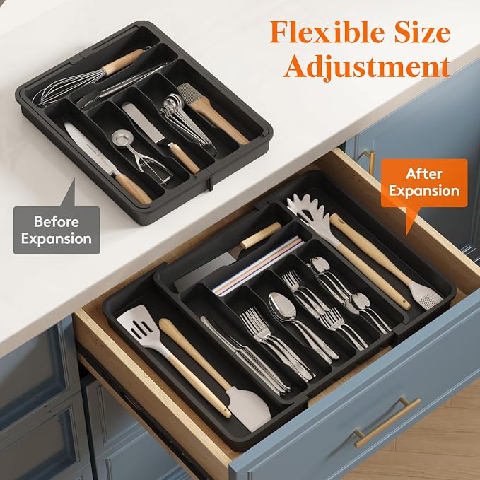 Lifewit Utensil Organizer for Kitchen Drawer, Expandable Cooking Silverware Tray, Adjustable Cutlery Flatware Holder, Plastic Spatula Tools Storage Divider, 11.8-19.6 x 15", Black - Image 7