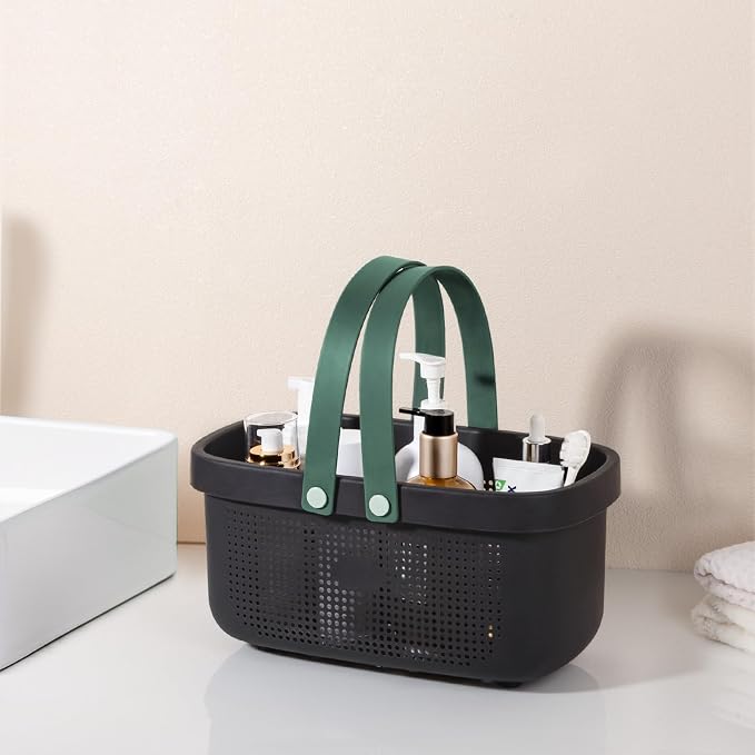 Portable Shower Caddy Basket with Handle Plastic Storage Basket Black Green | Sturdy Drainage Large Capacity Organizer Basket with Silicone Handles for Bathroom Kitchen Bedroom College Dorm Essentials - Image 2