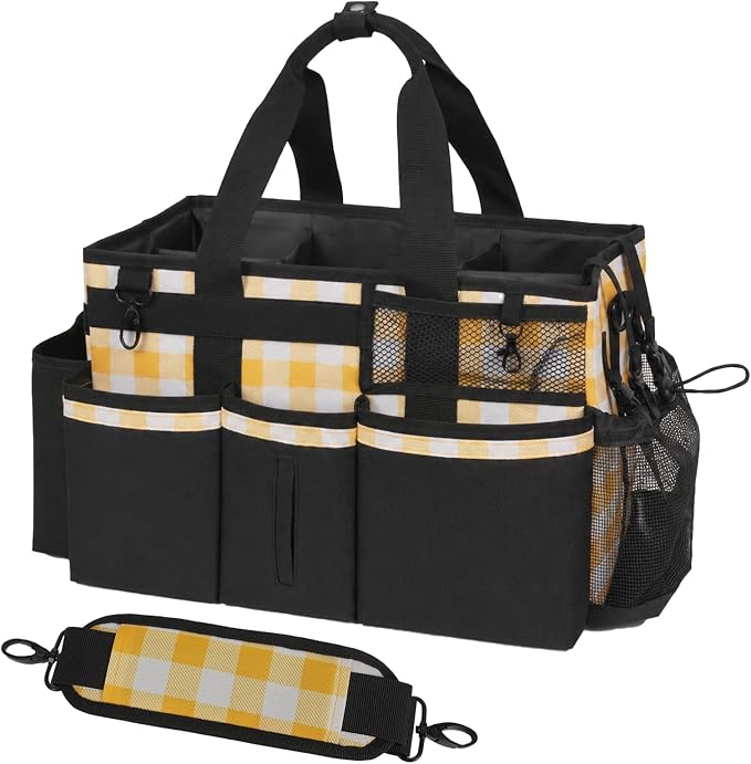 SCAVATA Wearable Cleaning Caddy, Cleaning Caddy Supplies Organizer with Handle & Shoulder Straps for Housekeepers, Under Sink & Car Cleaning Tool Organizers Bag with 4 Foldable Divider (YellowPlaid) by Tidyyourlife