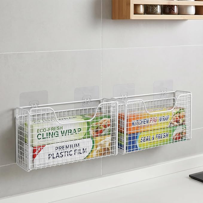 2 Pack Aluminum Foil Organizer, Foil and Plastic Wrap Organizer, Pantry Kitchen Cabinet Door Organizers, Self Adhesive Wall Mounted Storage Hanging Basket for Ziplock Bag, No-Drill, Mesh Metal, White - Image 5