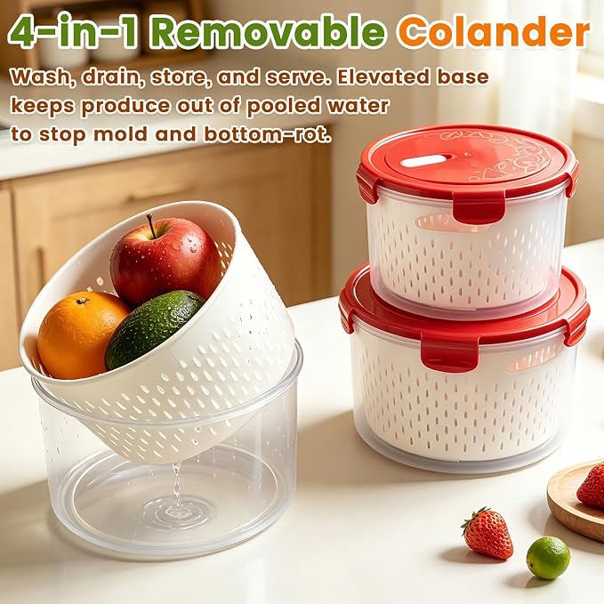 TBMax 8 Pieces Airtight Fruit Storage Containers for Fridge with Air Circulation Vent, 4 Pack Round Produce Saver with Colander for Berry Lettuce Salad Vegetable Storage, Refrigerator Organizers - Image 5