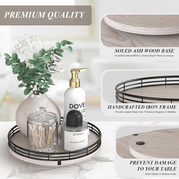 AMH 9-Inch Rustic Whitewashed Wooden Lazy Susan Organizer | Smooth rotating oak tray with walnut finish for dining tables, kitchen counters, pantries and cabinet storage. - Image 6
