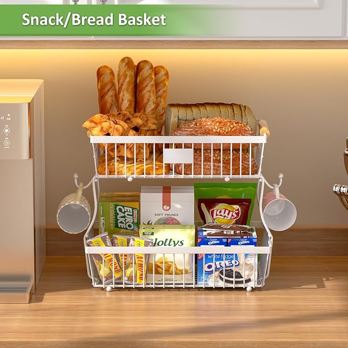 2 Tier Fruit Basket for Kitchen Counter with 2 Banana Hangers, Countertop Metal Bread Basket with Wooden Handle, Large Storage Stand for Vegetables, Snacks, Eggs, Produce Storage – White - Image 5