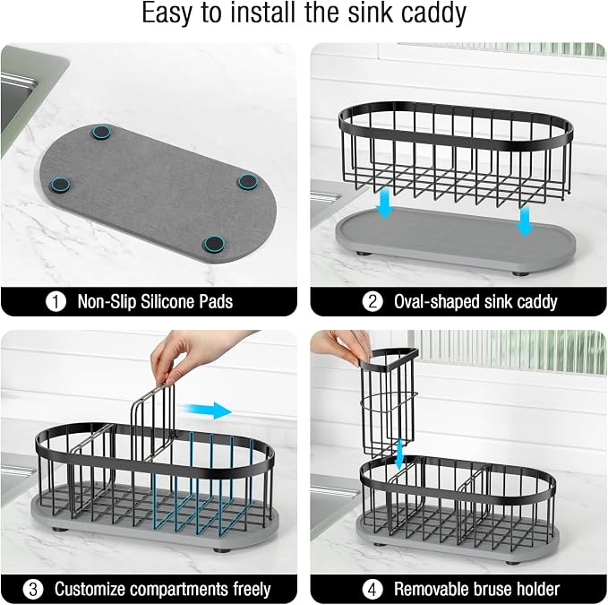 Sink Caddy Kitchen Sink Organizer, Sponge & Brush Holder, Stone Drying Mat | Space-Saving Sink Sponge Holder with Full-Size Tool Storage, Fits Most Sinks, Kitchen Sink Accessory and Countertop Organizer - Image 5