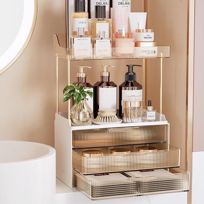 Delamu 5-Tier Makeup Organizer, Bathroom Counter Storage, 3 Drawers, Amber | Elegant Vanity Organizer Gift for Women, Holds Perfume, Skincare, Nail Polish & Hair Accessories for Bathroom Countertop by DELAMU