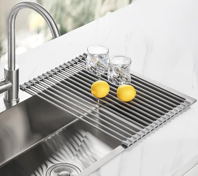 Tomorotec Roll Up Dish Drying Rack Over Sink, 304 Steel, 17.7x12.5, Grey | Anti-Slip Silicone Rims For Grip, Heat-Resistant Trivet Mat Holding Heavy Cookware, Rustproof Kitchen Counter Space Saver - Image 8