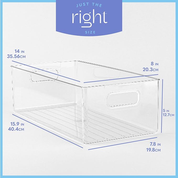 Plastic Food Storage 6 Pack Clear Container Bin with Handles for Organizing Kitchen, Pantry, Refrigerator, Freezer, Pantry, Cabinet, Closet, Bathroom. 14”x8”x5” - Image 3