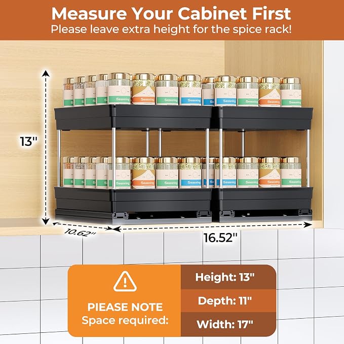 Mystozer Pull Out Spice Rack Organizer for Cabinet, Slide Out Spice Racks Organizer, Easy to Install Spice Cabinet Organizers, 8.26''Wx10.62''Dx8.66''H, 2 Packs-2 Tiers (Black) - Image 7