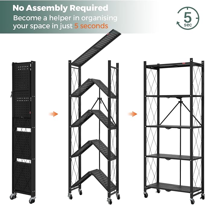DEANIC 5-Shelf Folding Bookcase with Wheels, Heavy Duty Storage Shelves, Freestanding Metal Wire Shelving Unit for Living Room, Office, Kitchen, Basement, Pantry(Black 2 Pack) - Image 4