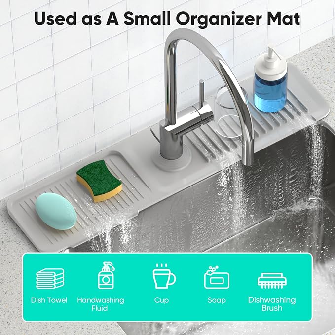 24 Inch Longer Faucet Mat for Kitchen Sink [5°Slope Fast Self-draining]Bathroom Kitchen Sink Splash Guard Silicone Sink Faucet Mat Splash Guard Kitchen Sink Area Tidy Splash Faucet Guard Draining Mat - Image 7