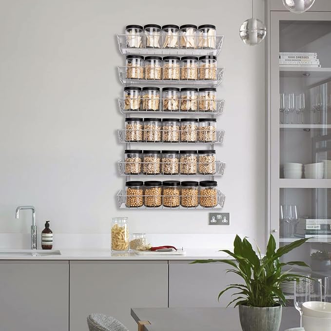 SWOMMOLY Wall Mount Spice Rack Organizer, 6-Tier Adjustable Dual-Use Shelf | Hanging Spice Rack Organizer, Kitchen Pantry Cabinet Storage Holder for Spices, Mason Jars, Bottles & Cans, Silver - Image 2