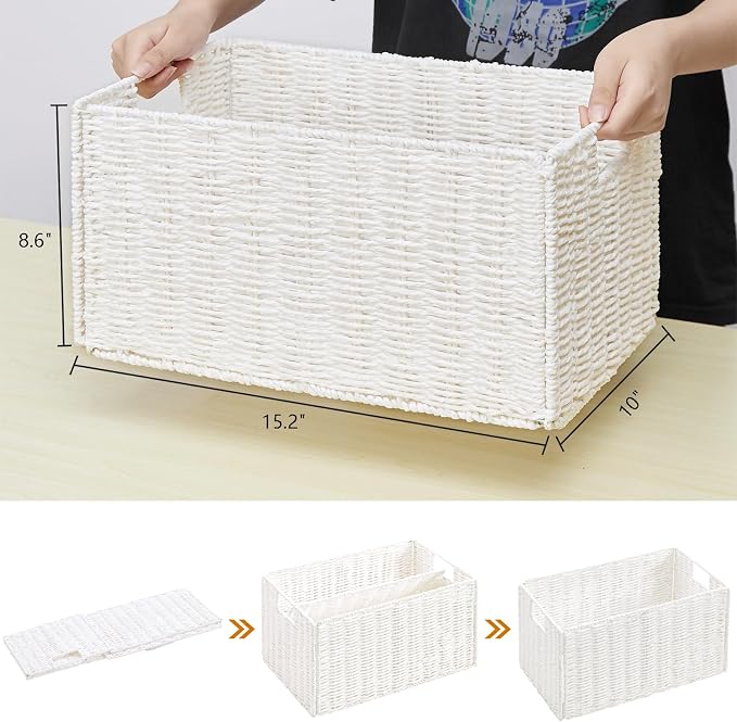 Wicker Storage Basket, Set of 2 Hand-Woven Paper Rope Wicker Basket, Small Storage Baskets for Organizing Toilet Paper Basket, Foldable Large Cube Storage Organizer Bins for Shelves (White) - Image 2