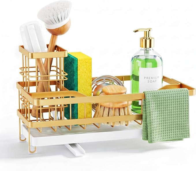 Sponge Holder for Kitchen Sink, Self-draining Sink Caddy, Gold | Metal Countertop Organizer with Towel Rack & Brush Holder, Rustproof Sink Storage Rack for Dish Soap and Cleaning Essentials by GUUKAR