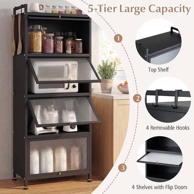 GIANTEX 5-Tier Kitchen Storage Cabinet, 4 PC Doors, Rolling Wheels, Black | Mobile Metal Pantry Cabinet with 4 Hooks & Adjustable Feet, 60" Baker's Rack Microwave Stand for Dining & Living Room - Image 5