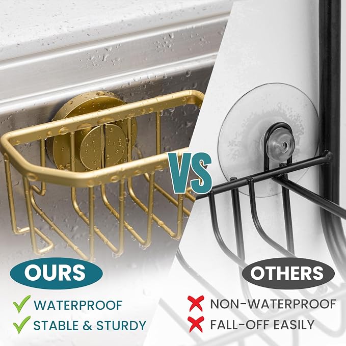 TAILI Sponge Holder for Kitchen Sink with Strong Suction Cup Removable, Rustproof Aluminum Sink Caddy for Sponge, Brush, Scrubber, Scraper -Gold | for Kitchen Sink Organizer, Removable Sponge Caddy Inside Sink, Rustproof Aluminum Holder for Sponges, Br... - Image 3