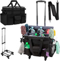 Large Rolling Cleaning Caddy with Wheels, Cleaning Supplies Organizer | With Detachable Trolley, Water-resistant Cleaner Cart for Housekeepers, Multi Pocket Cleaning Cart with Strap, Black by wigojoy