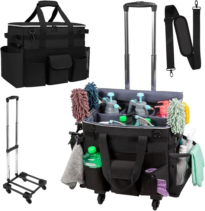 Large Rolling Cleaning Caddy with Wheels, Cleaning Supplies Organizer | With Detachable Trolley, Water-resistant Cleaner Cart for Housekeepers, Multi Pocket Cleaning Cart with Strap, Black by wigojoy