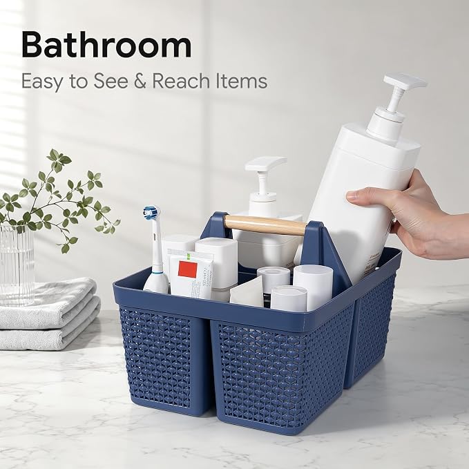 UUJOLY Portable Plastic Shower Caddy Basket with Wooden Handle, Dark Blue | Divided Storage Organizer Tote for Bathroom, Dorm, College, Kitchen & RV – Lightweight, Easy-Carry Essentials Caddy - Image 4