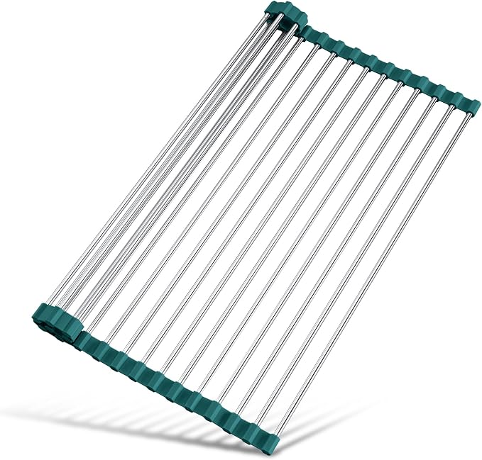 Tomorotec Roll Up Dish Drying Rack Over Sink,304 Steel,17.7x12.5,DarkGreen | Anti-Slip Silicone Rims For Grip, Heat-Resistant Trivet Mat Holding Heavy Cookware, Rustproof Kitchen Counter Space Saver by Tomorotec