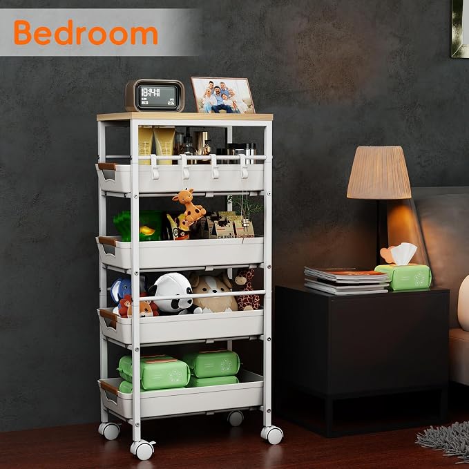 5-Tier Kitchen Storage Cart, Wood Top Rolling Cart Organizer with Pull-Out Baskets & Wheels, Metal Snack Cart with Holder for Fruit, Vegetable, Microwave, Kitchen, Pantry, White - Image 7