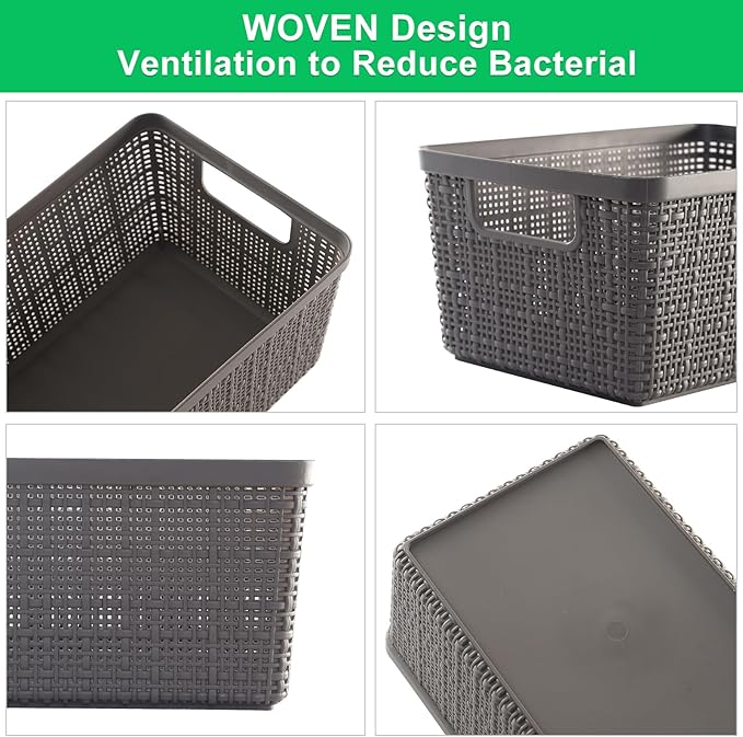 6 Pack Plastic Storage Baskets with Lid,Grey Stackable Bins | Durable Woven Plastic With handle Breathable,Save space,For Organizing Desktops, Closets, Playrooms, Classrooms, Offices - Image 2