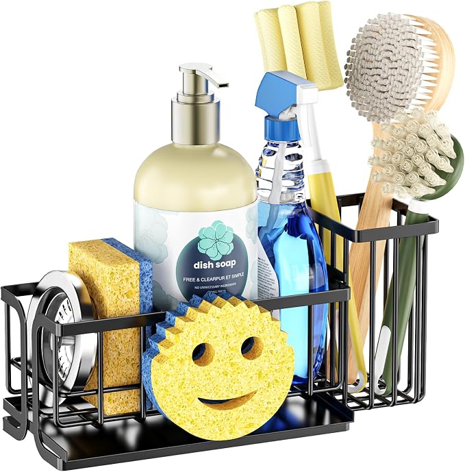 Epicano Sink Caddy Sponge Holder, Smiley Face Sponge Rack with High Brush Holder,Rustproof Kitchen Countertop Organizer,Kitchen Gadgets Sink Accessories, Black - Image 8