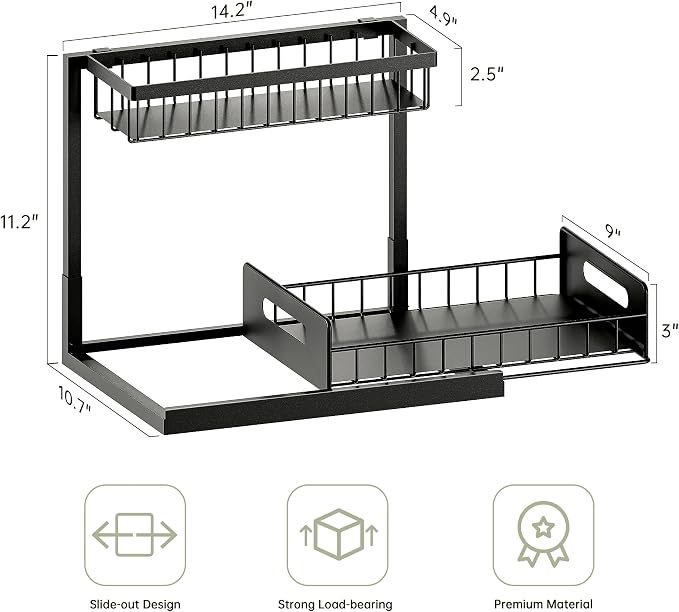 Under Kitchen Sink Organizer 2 Tier, Pull Out Bathroom Sink Organizers and Storage, Cabinet Kitchen Bathroom Storage Organization Shelf, 1 Pack Black - Image 3
