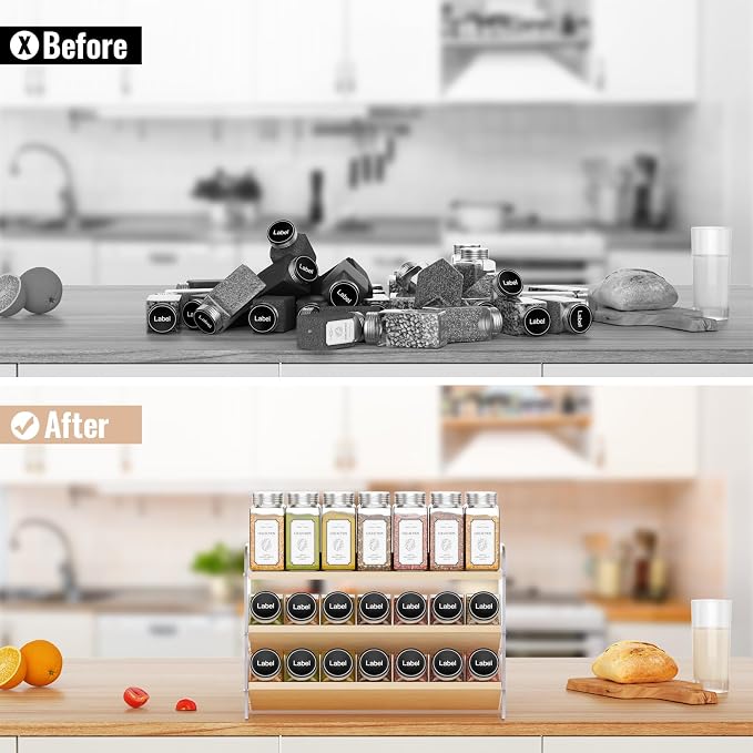 MUDEELA 3 Tiered Spice Rack Organizer for Cabinet, (No Jars Included) | Clear Vertical Spice Shelf, Wooden Seasoning Organizer for Countertop, Kitchen, Pantry, Freestanding, 13.3" W × 11.2" H - Image 4