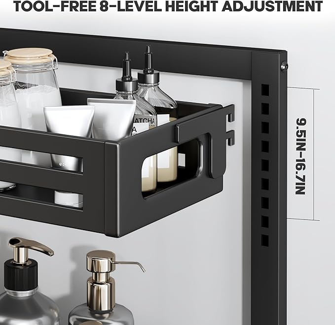 2 Pack Under Sink Organizer,Pull Out Cabinet Organizer with Smooth Cylindrical Rail,Metal Slide Out Drawer for Kitchen Bathroom Laundry Cabinet,8-Level Tool Free Height Adjustable-Black - Image 3