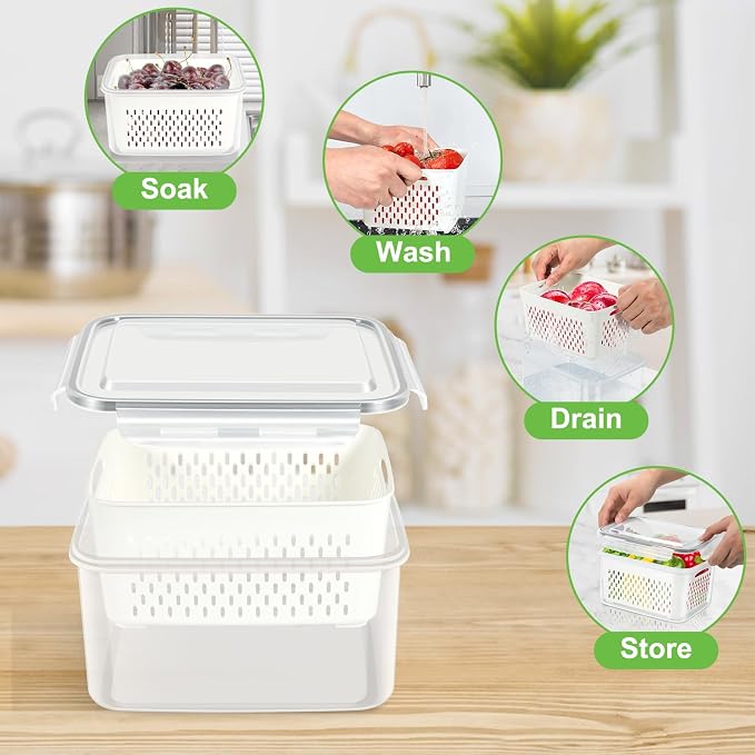TBMax Fruit Storage Containers for Fridge Organizers and Storage, 10 Pieces Large Produce Saver with Airtight Lid & Colander for Berry Lettuce Salad Vegetable Storage, Refrigerator Organizers - Image 3