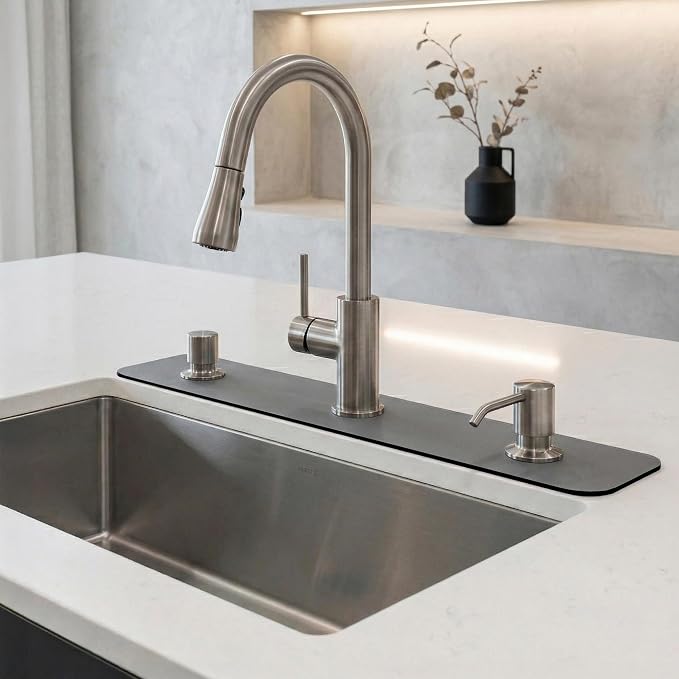 Cuttable Kitchen Sink Faucet Mat: 2PCS 30"Lx5.5"W DIY Splash Guard for Irregular Sink 2, 3 holes, Soap Dispenser & Air Gap - Bathroom Counter Protector Drip Catcher with Pre-Cut Center Hole, Grey by PopKozzi