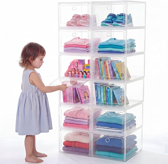10 Pack Stackable Clear Storage Bins with Front Door 5-sided Transparent Organizer Boxes Plastic Storage Containers for Clothes, Toys, Classroom Supplies, and Home Organization by Acellegic