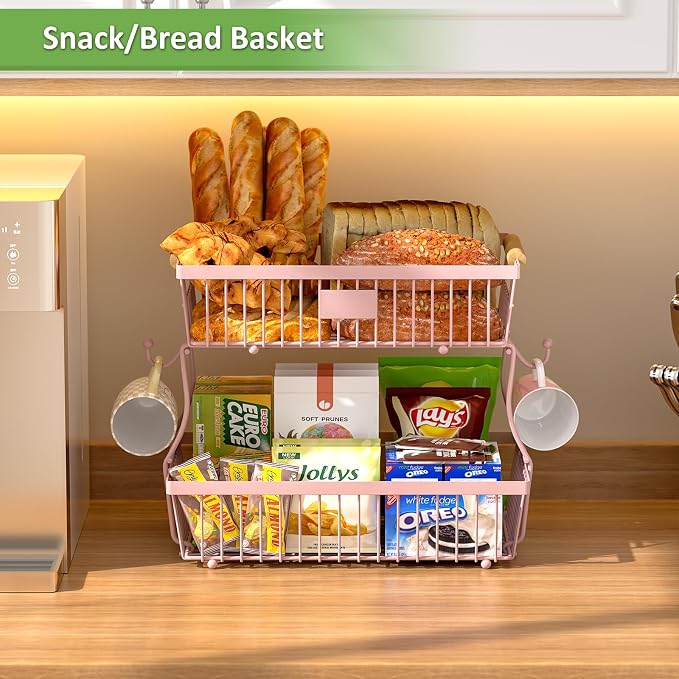 2 Tier Fruit Basket for Kitchen Counter with 2 Banana Hangers, Countertop Metal Fruit Bowl with Wooden Handle, Large Storage Stand for Vegetables, Snacks, Breads, Produce Storage – Pink - Image 3