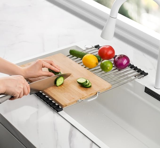 Tomorotec Roll Up Dish Drying Rack Over Sink, 304 Steel, 17.7x12.5, Black | Anti-Slip Silicone Rims For Grip, Heat-Resistant Trivet Mat Holding Heavy Cookware, Rustproof Kitchen Counter Space Saver - Image 7
