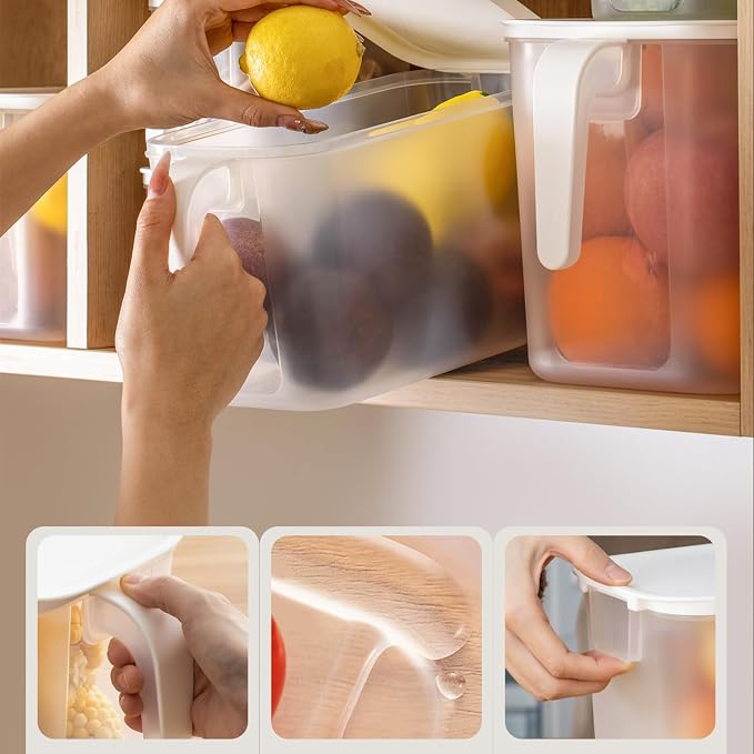 MineDecor 4 Pack 4.5L Plastic Storage Containers Square Food Storage Organizer Stackable Refrigerator Organizer Handle Kitchen Containers with Lids for Fruits Vegetables Meat Egg - Image 5