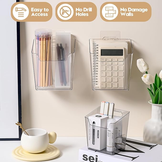 6 Pack Drink Packet Organizer, Clear Acrylic Cabinet Door Organizer Adhesive, Wall Mount Caddy Utensil Holder Floating Bin for Tea Bag Kcup Storage, Sewing Tools, Laundry Pods, Small Cleaning Supply - Image 5