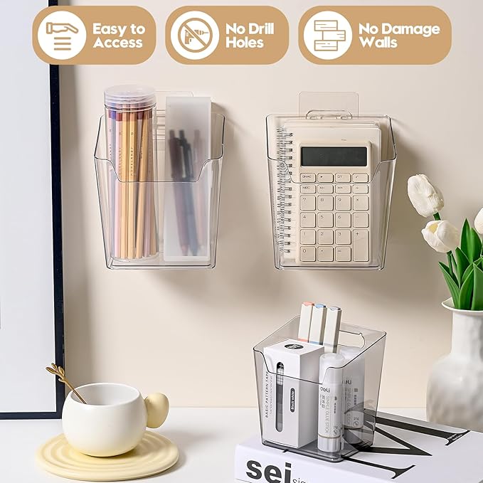 Clear Acrylic Pen Holder, 6 Pack Cabinet Door Organizer Adhesive, Bathroom Wall Mount Caddy Kitchen Plastic Storage Bin Box for Office Marker,Art Supply, Small Cleaning Supply, Seasoning Drink Packet - Image 5