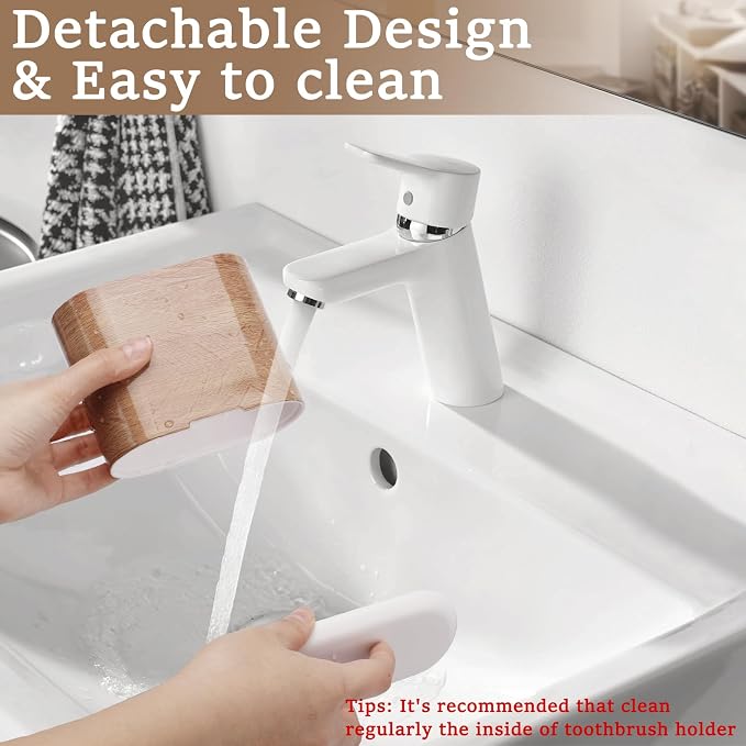 Toothbrush Holders Toothpaste Organizer for Bathrooms, Wood Grain | 2 Slots, Easy to Clean, Plastic, Kids Electric Toothbrush, Drainage, Removable, For Bathroom, Vanity, Kitchen Sink, Office - Image 3
